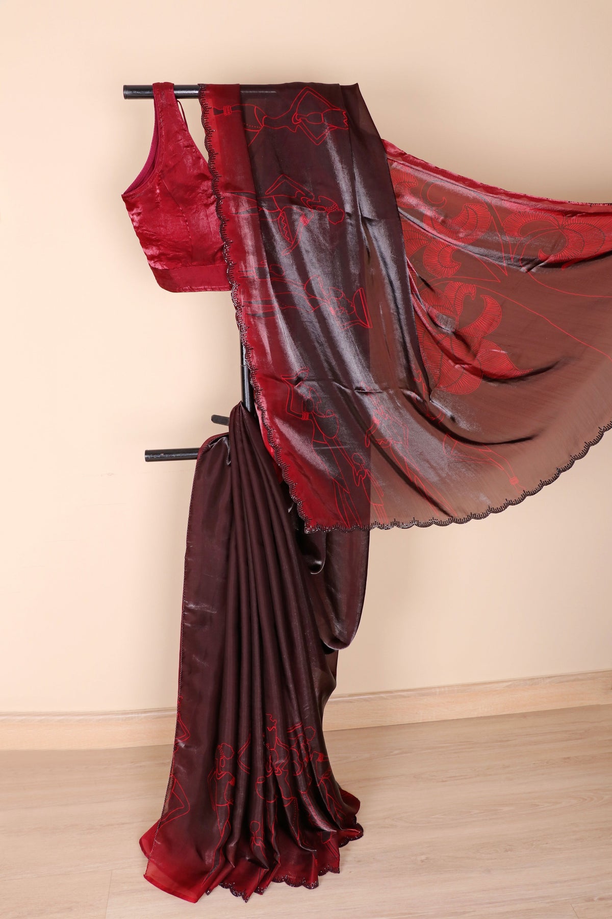 Maroon Satin Saree with Red Line Art Tribal Figures and Black Sequin Border | 1016