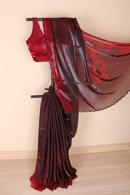 Maroon Satin Saree with Red Line Art Tribal Figures and Black Sequin Border | 1016