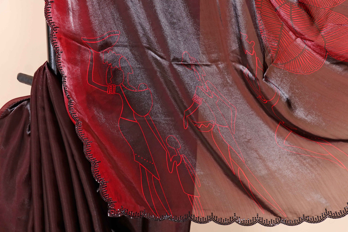 Maroon Satin Saree with Red Line Art Tribal Figures and Black Sequin Border | 1016