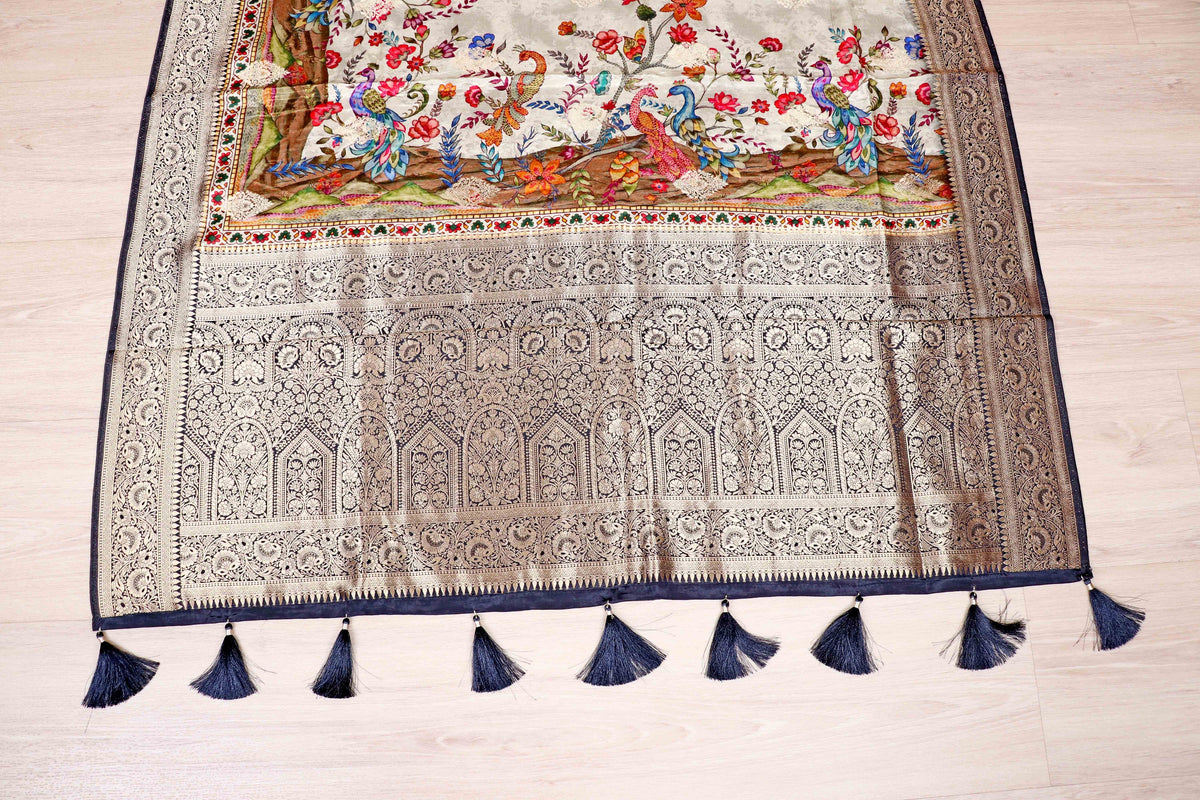 Cream  Soft Silk Saree with Printed Kalamkari and Banarasi Border | 1017