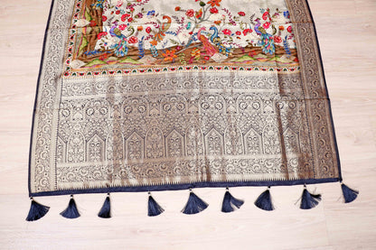 Cream  Soft Silk Saree with Printed Kalamkari and Banarasi Border | 1017