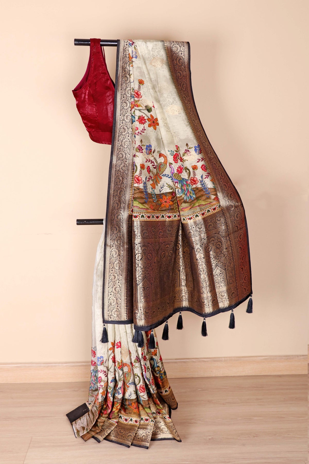 Cream  Soft Silk Saree with Printed Kalamkari and Banarasi Border | 1017