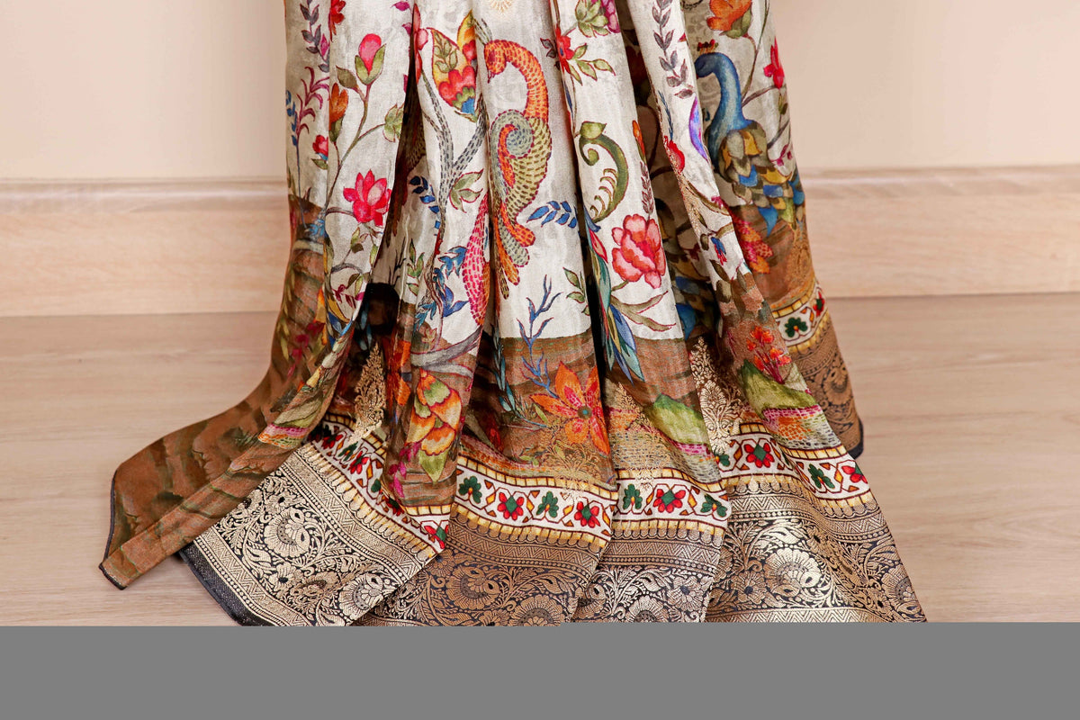 Cream  Soft Silk Saree with Printed Kalamkari and Banarasi Border | 1017