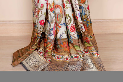 Cream  Soft Silk Saree with Printed Kalamkari and Banarasi Border | 1017