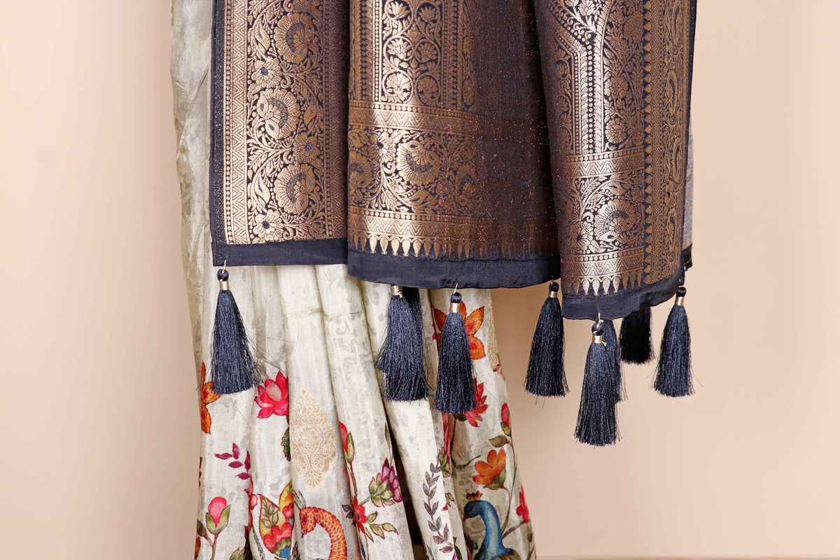 Cream  Soft Silk Saree with Printed Kalamkari and Banarasi Border | 1017