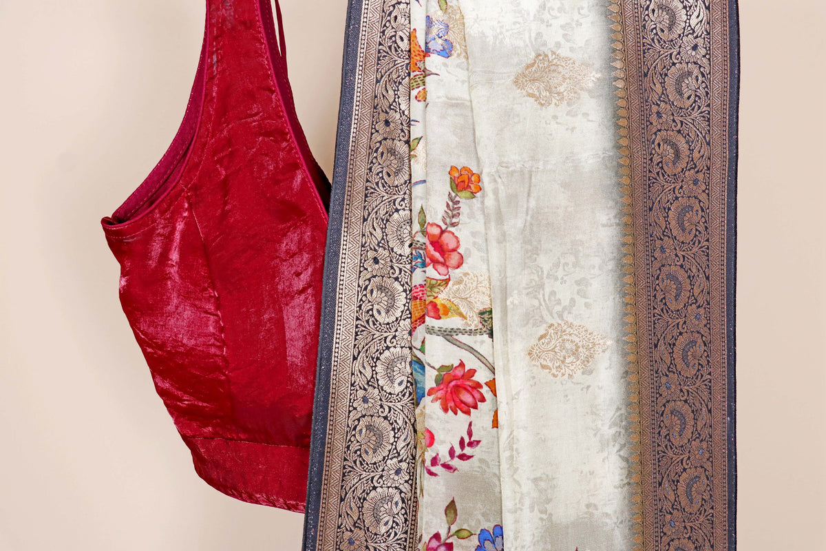 Cream  Soft Silk Saree with Printed Kalamkari and Banarasi Border | 1017