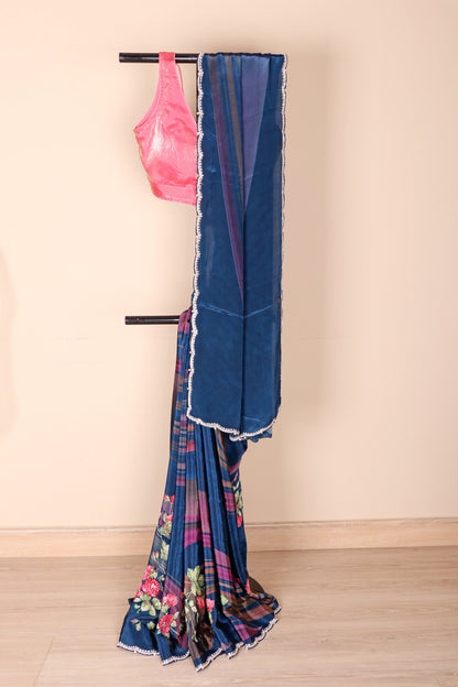 Teal Blue Italian Crepe Silk Saree with Floral Stripe Digital Print and Pearl Scalloped Border | 1018