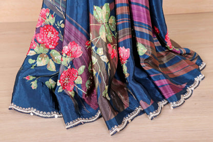 Teal Blue Italian Crepe Silk Saree with Floral Stripe Digital Print and Pearl Scalloped Border | 1018