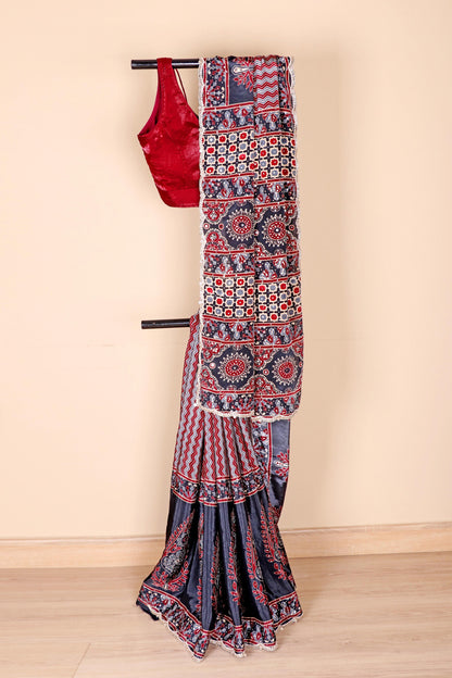 Navy Blue Italian crepe silk saree with Ajrakh Inspired Geometric Floral Digital Print | 1019