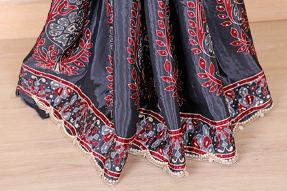 Navy Blue Italian crepe silk saree with Ajrakh Inspired Geometric Floral Digital Print | 1019