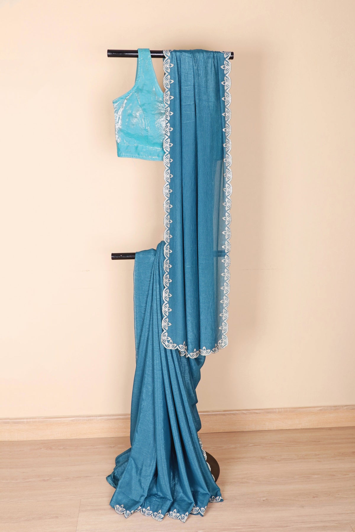 Steel Teal Blue Crinkle Shimmer Chiffon Saree with Silver Embroidery | 1020