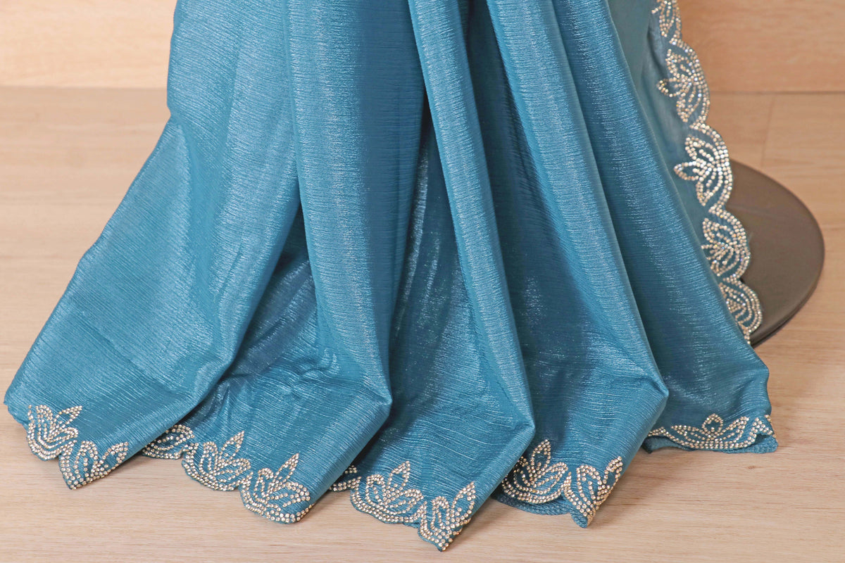 Steel Teal Blue Crinkle Shimmer Chiffon Saree with Silver Embroidery | 1020