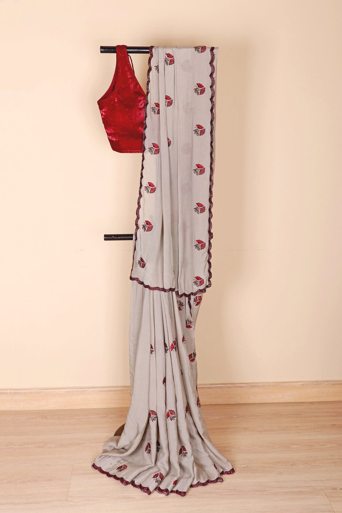 Silver Grey Pure Chiffon Saree with Red Embroidered Floral Butti and Maroon Beaded Scalloped Border | 1021