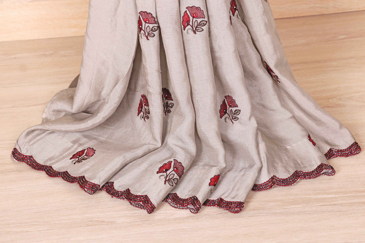 Silver Grey Pure Chiffon Saree with Red Embroidered Floral Butti and Maroon Beaded Scalloped Border | 1021