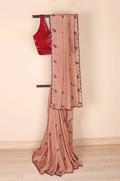 Dusty Rose Pure Chiffon Saree with Red Sequin Floral Butti and Maroon Beaded Scalloped Border | 1022