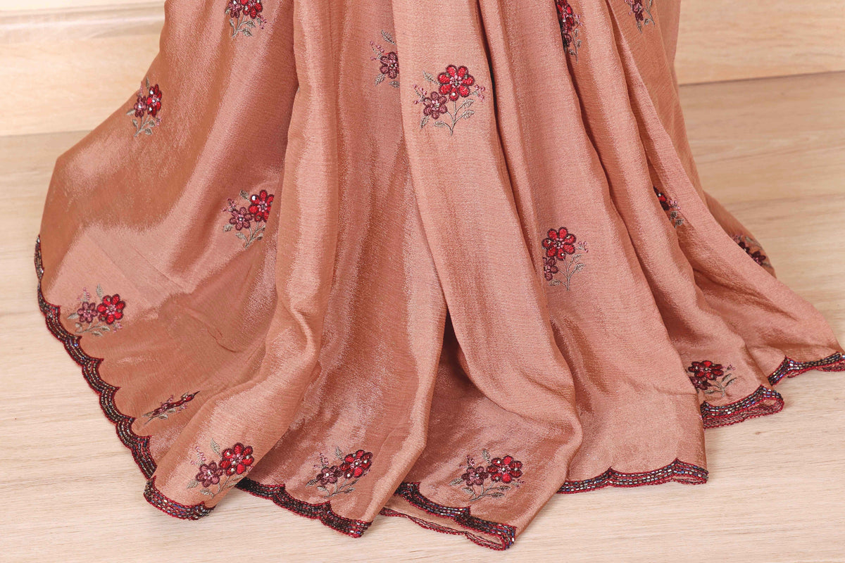 Dusty Rose Pure Chiffon Saree with Red Sequin Floral Butti and Maroon Beaded Scalloped Border | 1022
