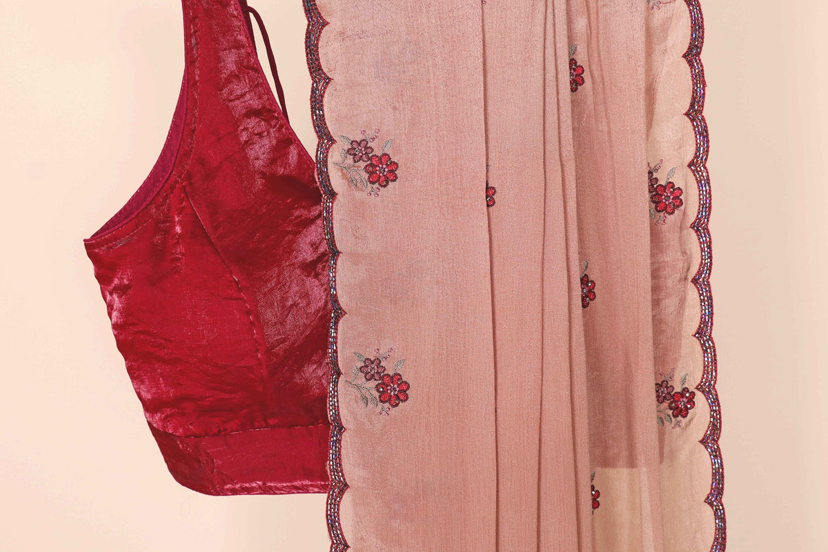 Dusty Rose Pure Chiffon Saree with Red Sequin Floral Butti and Maroon Beaded Scalloped Border | 1022