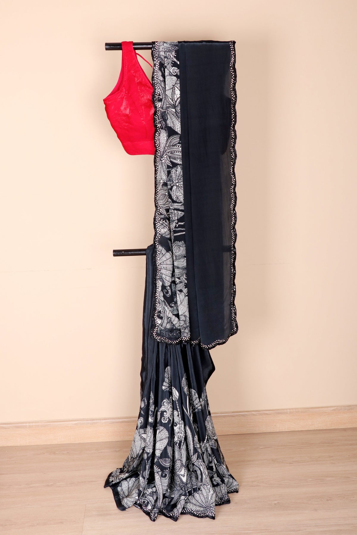 Black Italian Crepe Black and White Printed Kalamkari Saree with Sequin Scalloped Border | 1023