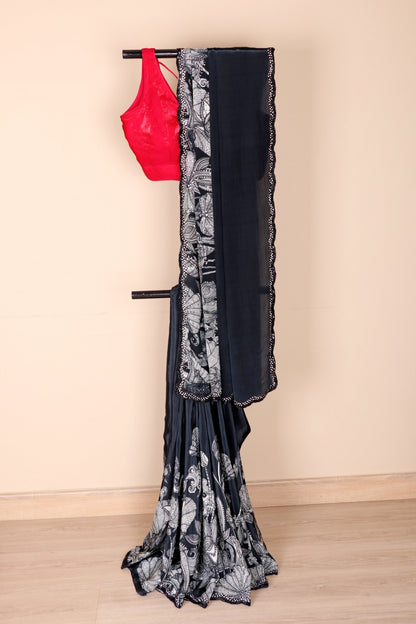 Black Italian Crepe Black and White Printed Kalamkari Saree with Sequin Scalloped Border | 1023