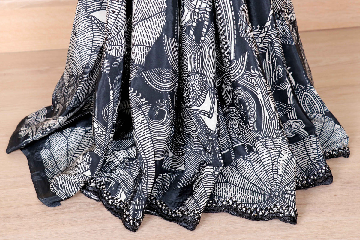 Black Italian Crepe Black and White Printed Kalamkari Saree with Sequin Scalloped Border | 1023