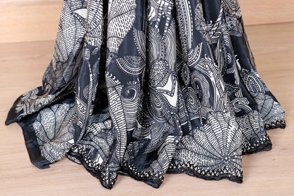 Black Italian Crepe Black and White Printed Kalamkari Saree with Sequin Scalloped Border | 1023