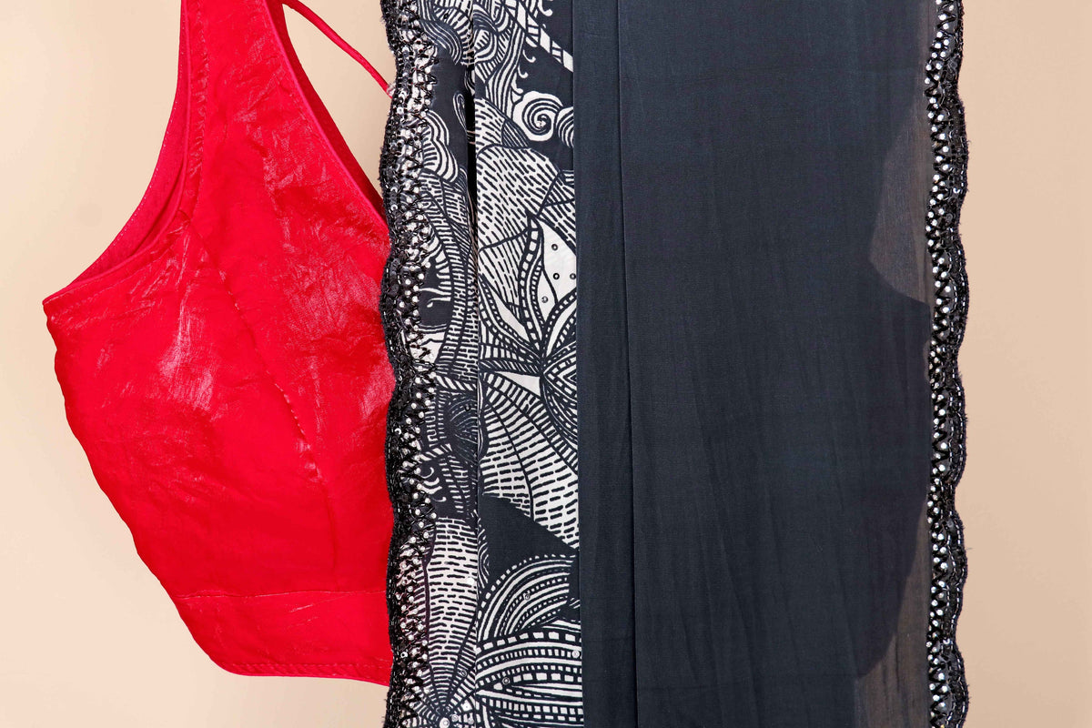 Black Italian Crepe Black and White Printed Kalamkari Saree with Sequin Scalloped Border | 1023