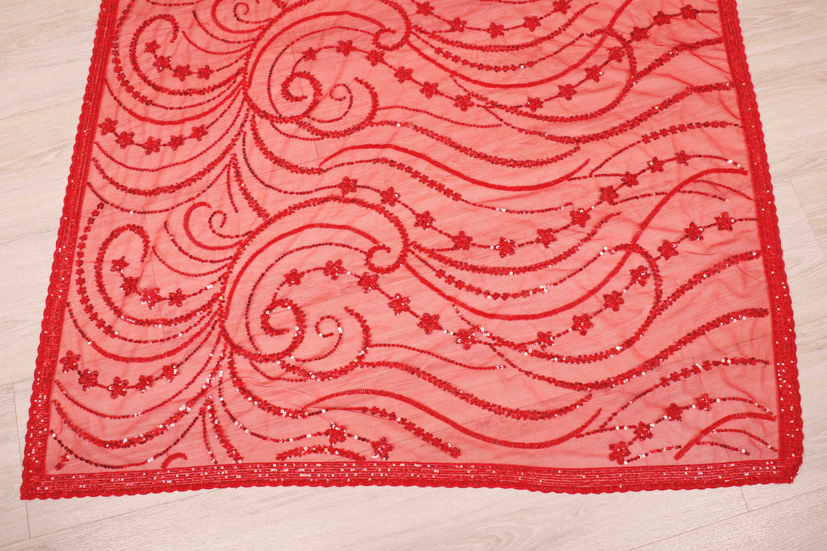 Red Net Saree with All-Over Red Sequin Swirling Floral Embroidery and Beaded Border | 1026