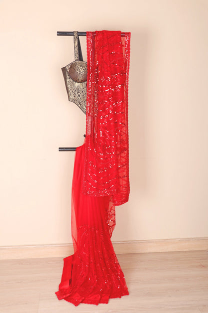 Red Net Saree with All-Over Red Sequin Swirling Floral Embroidery and Beaded Border | 1026