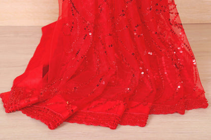 Red Net Saree with All-Over Red Sequin Swirling Floral Embroidery and Beaded Border | 1026
