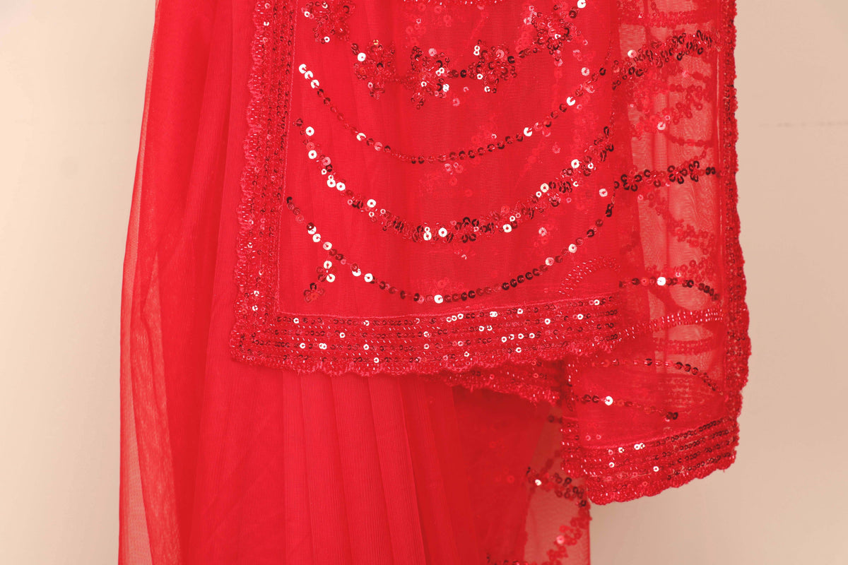 Red Net Saree with All-Over Red Sequin Swirling Floral Embroidery and Beaded Border | 1026
