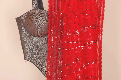 Red Net Saree with All-Over Red Sequin Swirling Floral Embroidery and Beaded Border | 1026