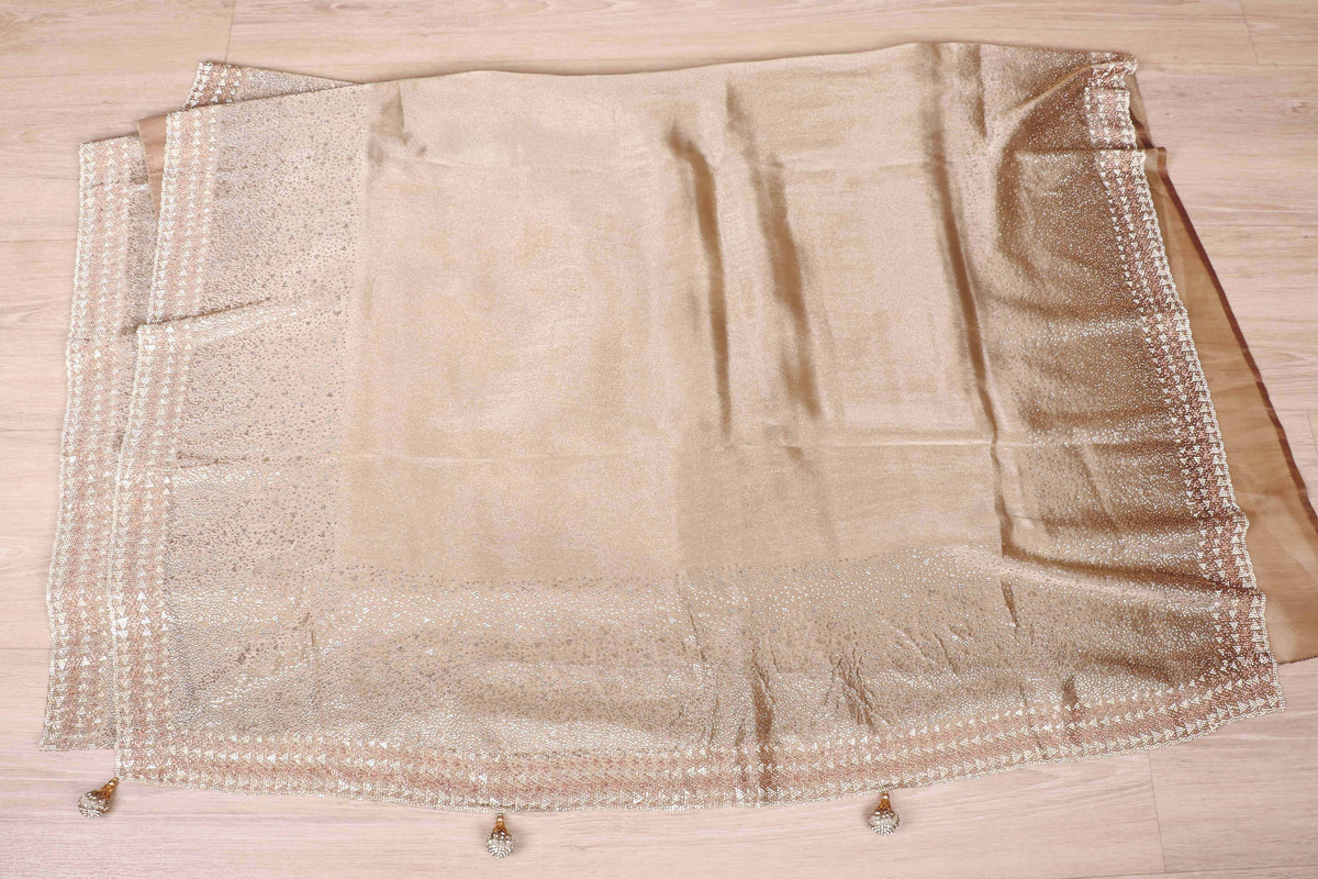 Champagne Gold Tissue Silk Saree with Silver Zari Chevron Geometric Border and Gold Tassels | 1028