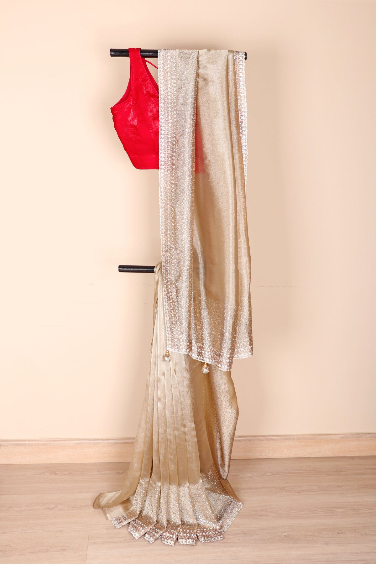 Champagne Gold Tissue Silk Saree with Silver Zari Chevron Geometric Border and Gold Tassels | 1028