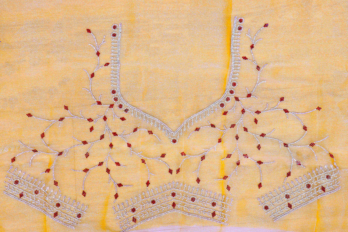 Gold Tissue Organza Saree with Silver Bead Branch Embroidered Pallu and Pearl Sequin Scalloped Border | 1029