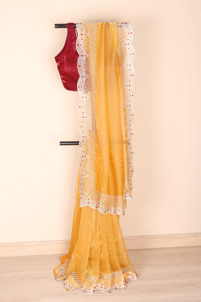 Gold Tissue Organza Saree with Silver Bead Branch Embroidered Pallu and Pearl Sequin Scalloped Border | 1029