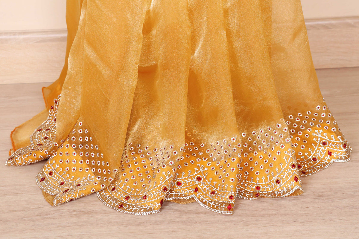 Gold Tissue Organza Saree with Silver Bead Branch Embroidered Pallu and Pearl Sequin Scalloped Border | 1029