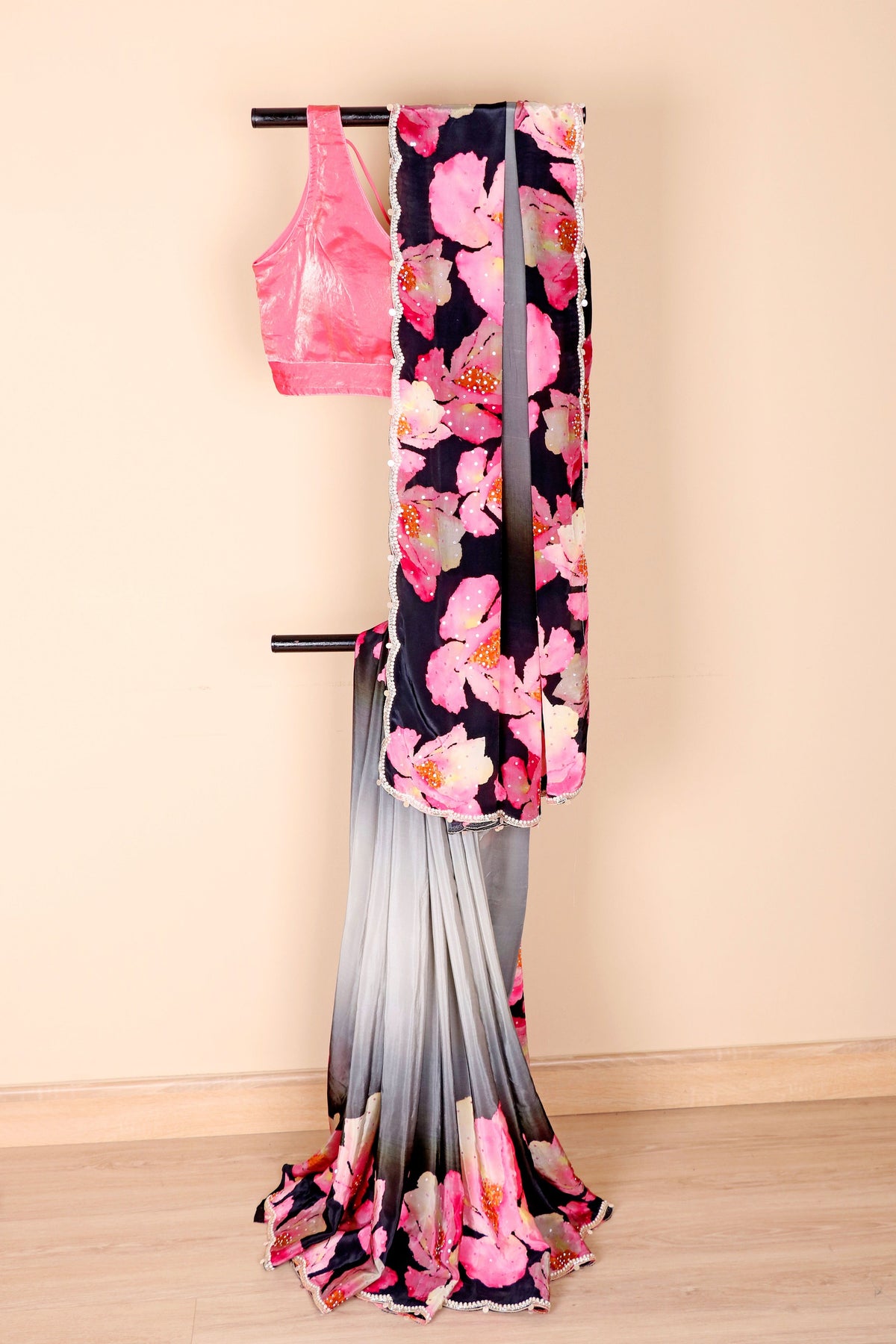 Black Grey Ombre Italian Crepe Saree with Watercolor Pink Floral Digital Print and Pearl Scalloped Border | 1031