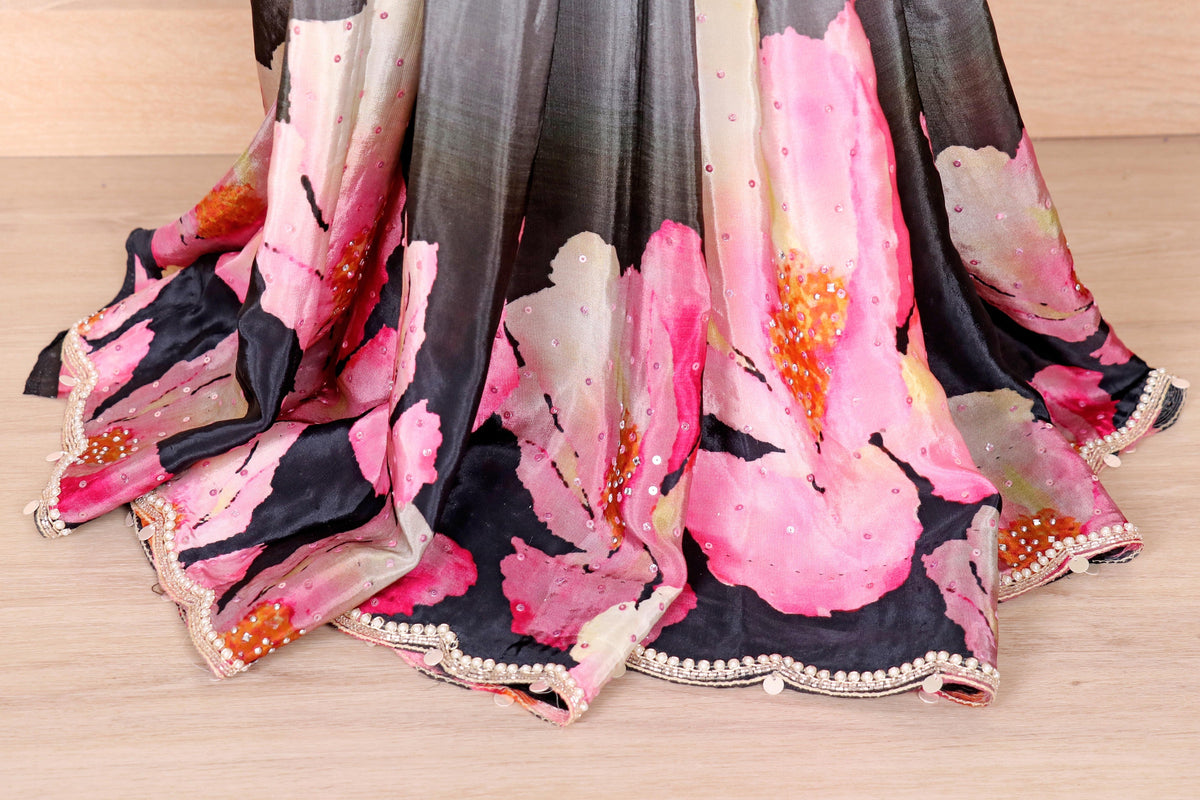 Black Grey Ombre Italian Crepe Saree with Watercolor Pink Floral Digital Print and Pearl Scalloped Border | 1031
