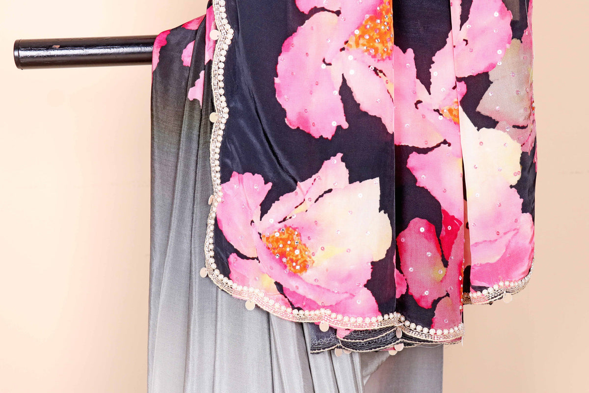 Black Grey Ombre Italian Crepe Saree with Watercolor Pink Floral Digital Print and Pearl Scalloped Border | 1031