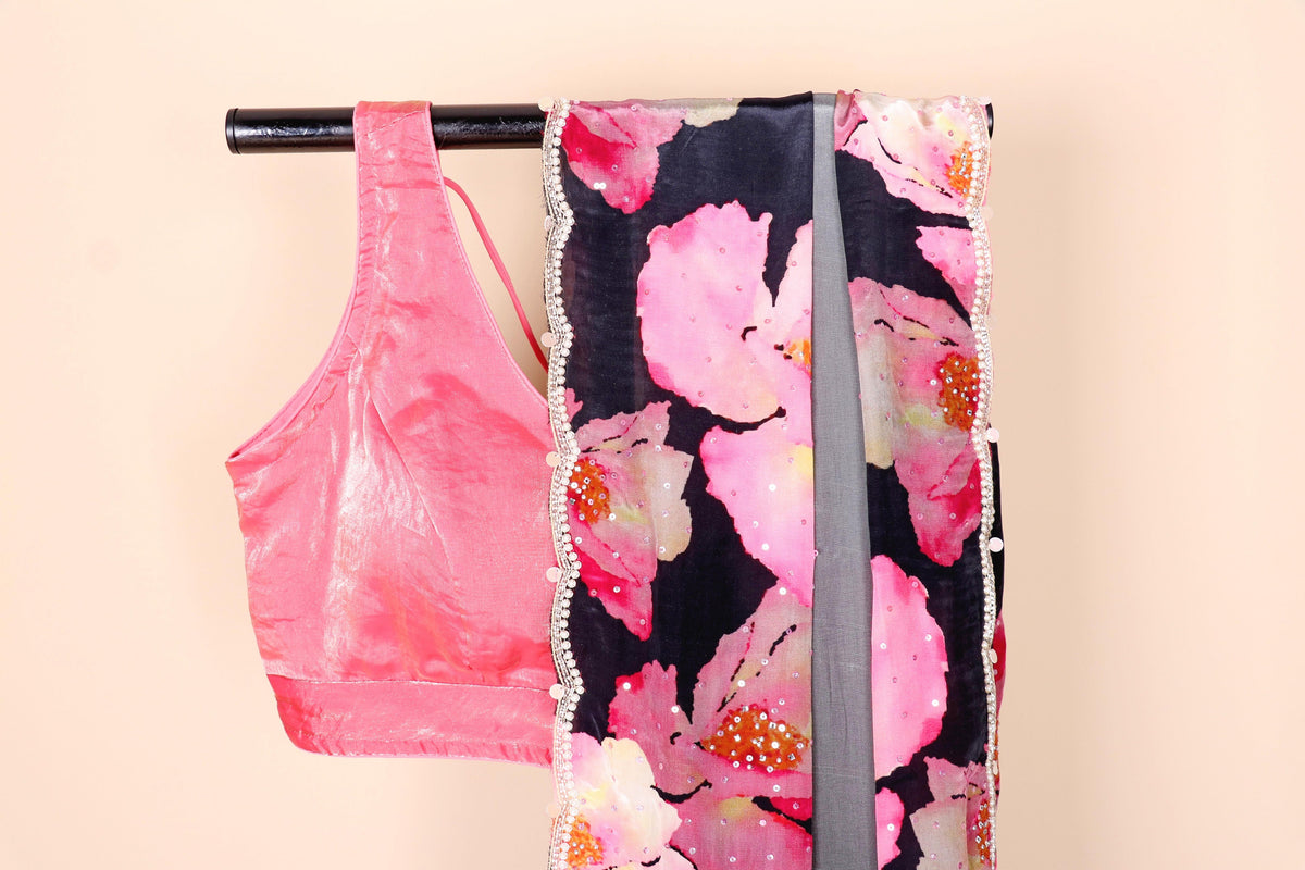 Black Grey Ombre Italian Crepe Saree with Watercolor Pink Floral Digital Print and Pearl Scalloped Border | 1031