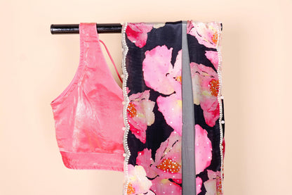 Black Grey Ombre Italian Crepe Saree with Watercolor Pink Floral Digital Print and Pearl Scalloped Border | 1031