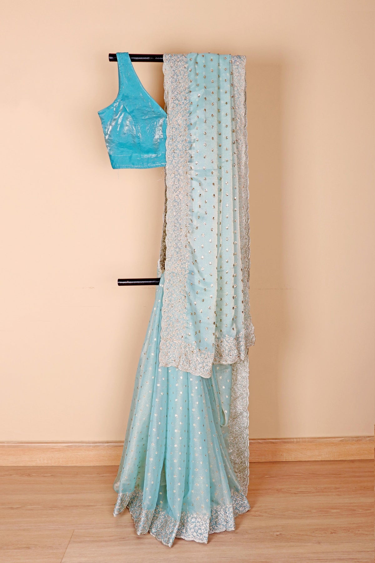 Sky Blue Tissue Organza Saree with Gold Silver Sequin Butti and Embroidered Floral Scalloped Border | 1032