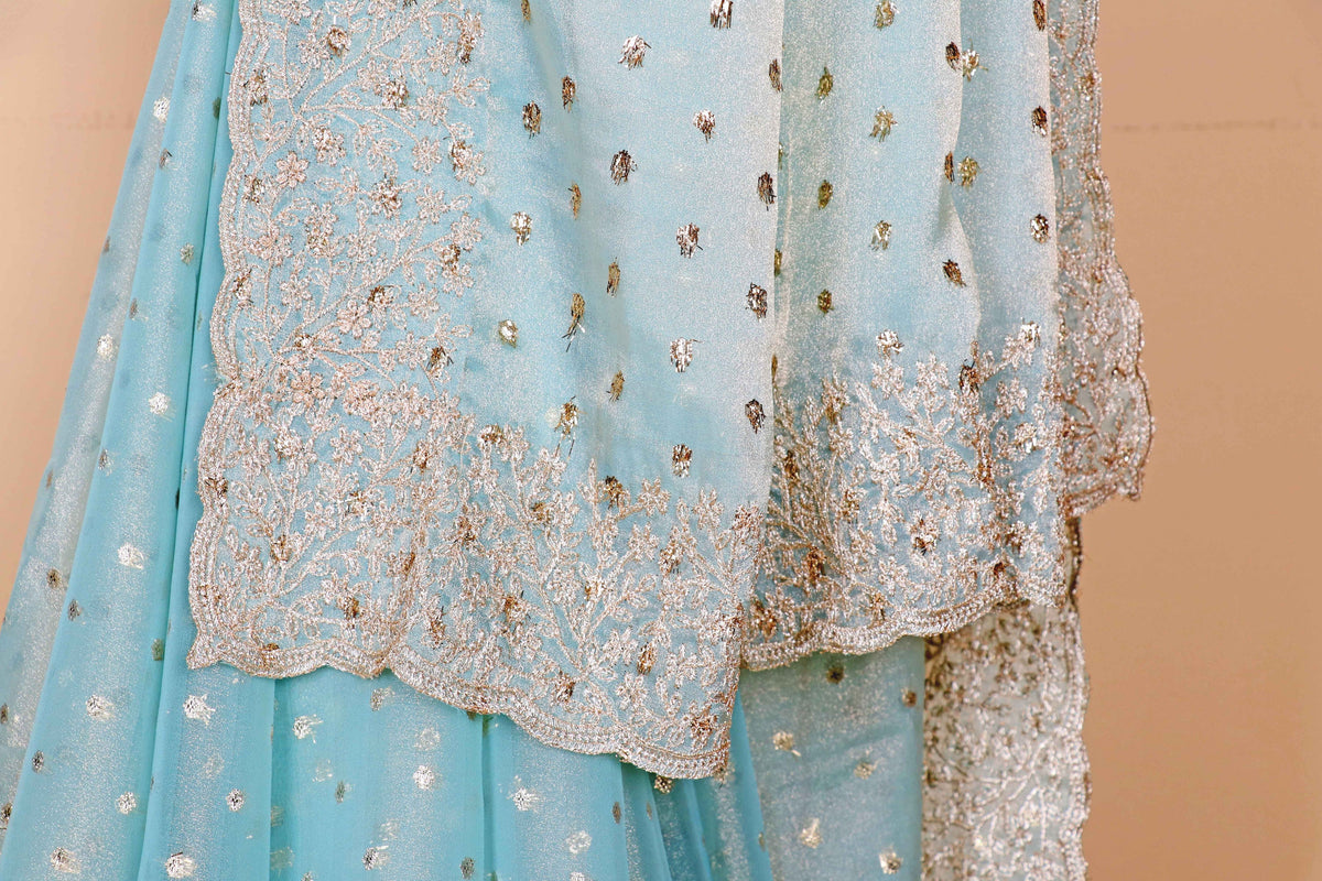 Sky Blue Tissue Organza Saree with Gold Silver Sequin Butti and Embroidered Floral Scalloped Border | 1032