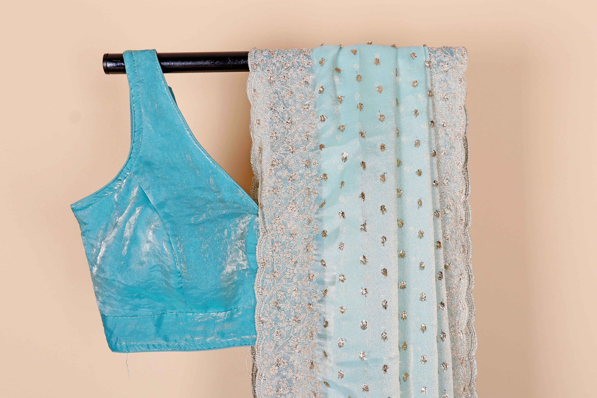 Sky Blue Tissue Organza Saree with Gold Silver Sequin Butti and Embroidered Floral Scalloped Border | 1032
