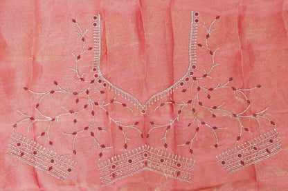 Peach Red Ombre Tissue OrganzaSaree with Silver Bead Branch Embroidered Pallu and Pearl Scalloped Border | 1033