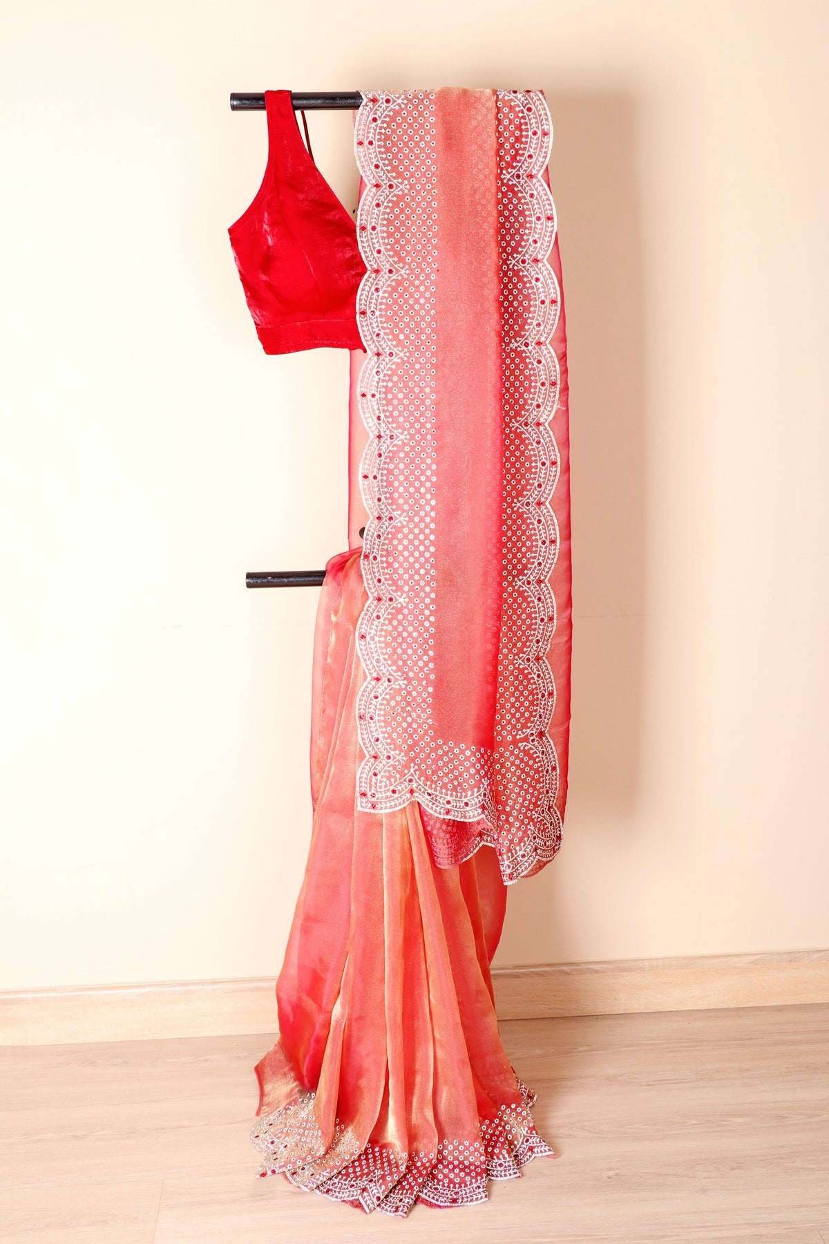 Peach Red Ombre Tissue OrganzaSaree with Silver Bead Branch Embroidered Pallu and Pearl Scalloped Border | 1033