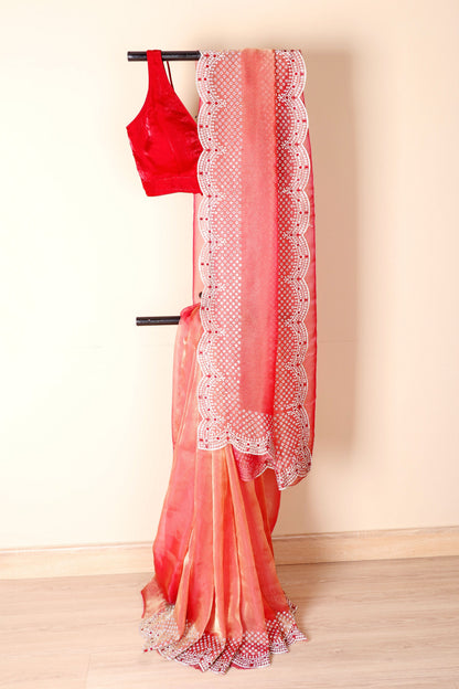 Peach Red Ombre Tissue OrganzaSaree with Silver Bead Branch Embroidered Pallu and Pearl Scalloped Border | 1033