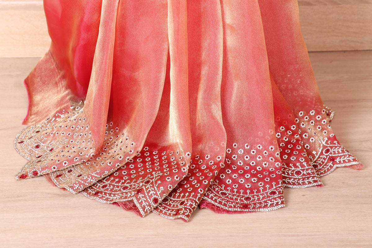 Peach Red Ombre Tissue OrganzaSaree with Silver Bead Branch Embroidered Pallu and Pearl Scalloped Border | 1033