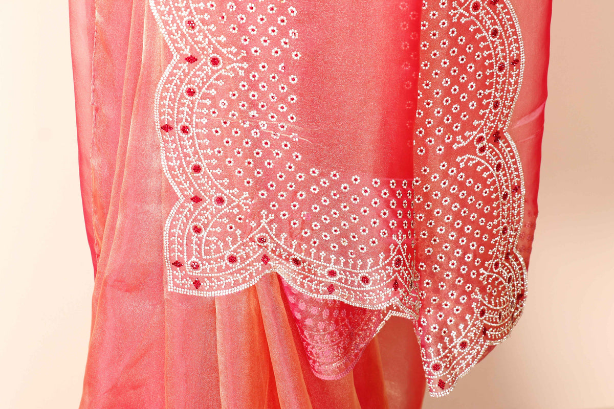 Peach Red Ombre Tissue OrganzaSaree with Silver Bead Branch Embroidered Pallu and Pearl Scalloped Border | 1033