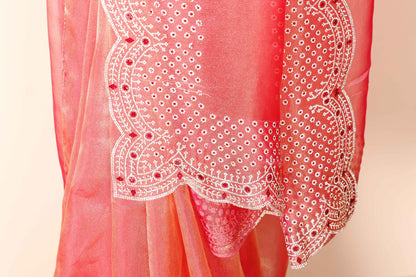 Peach Red Ombre Tissue OrganzaSaree with Silver Bead Branch Embroidered Pallu and Pearl Scalloped Border | 1033